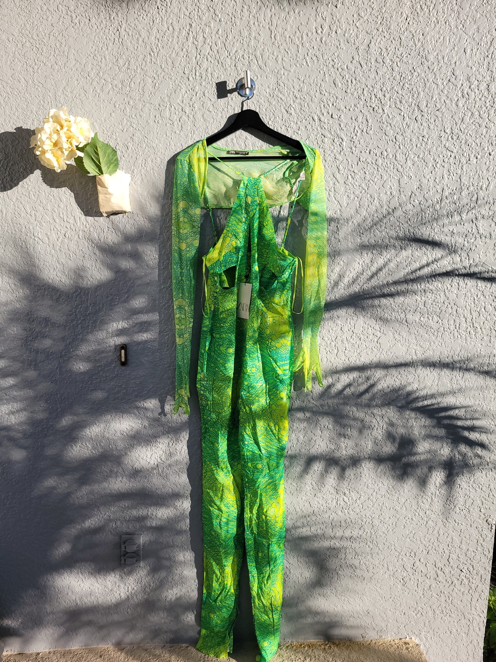 Zara Green Printed One-Shoulder Jumpsuit with Sheer Overlay